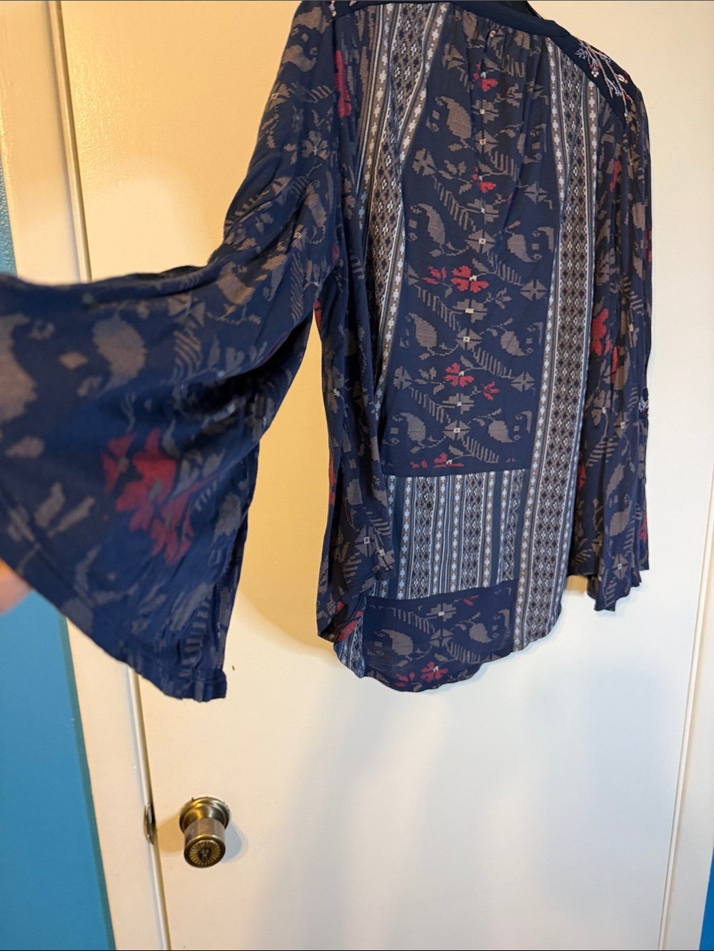 Lucky Brand Navy Blue Patterned V-Neck Tunic with Red Accents - Picture 4 of 6
